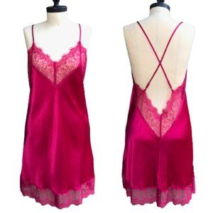 NWOT New 100% Silk Pink Red Lace Criss Cross Chemise Negligee Full Slip Dress M